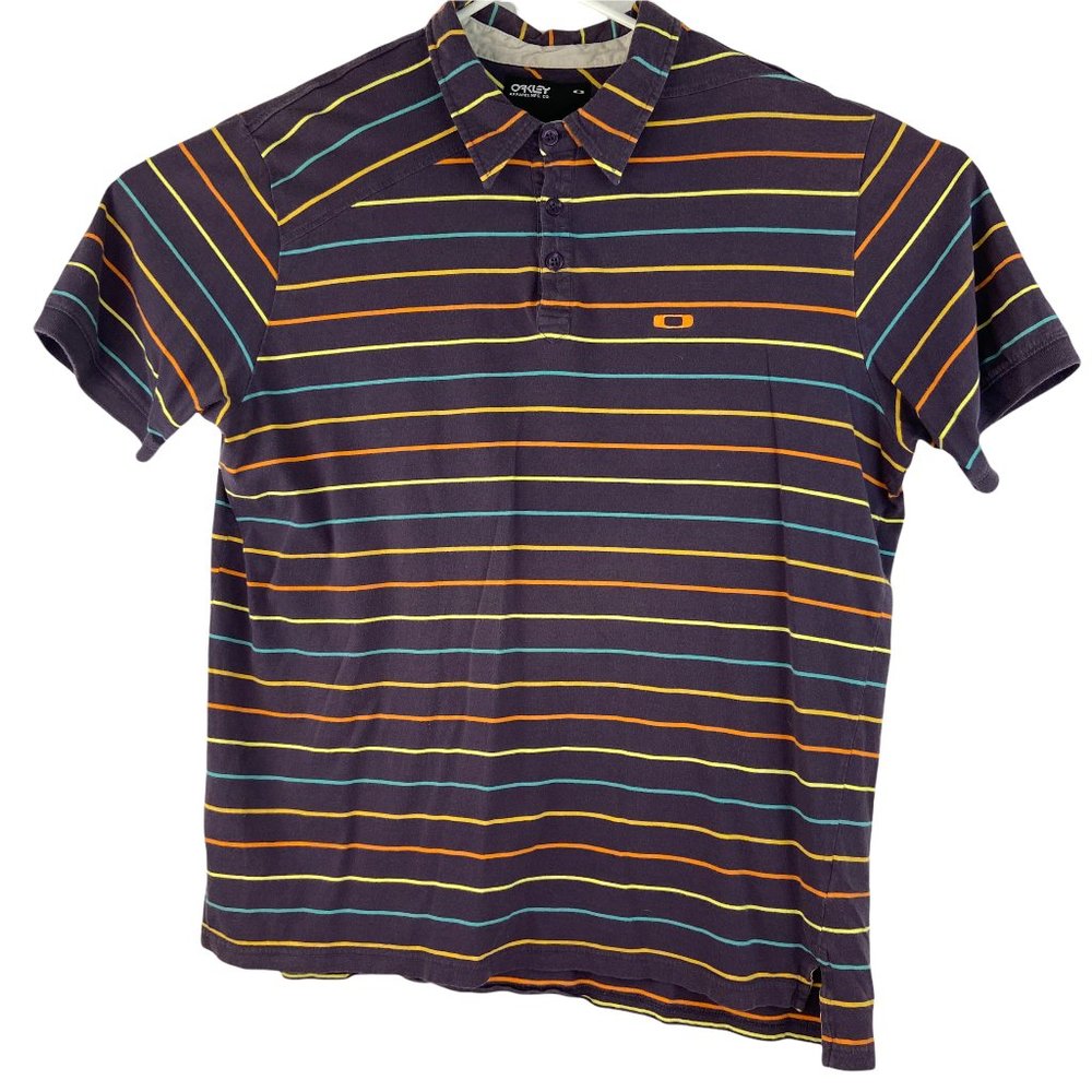 Oakley Men's Short Sleeve Polo Golf Shirt Striped Black Yellow Cotton XL